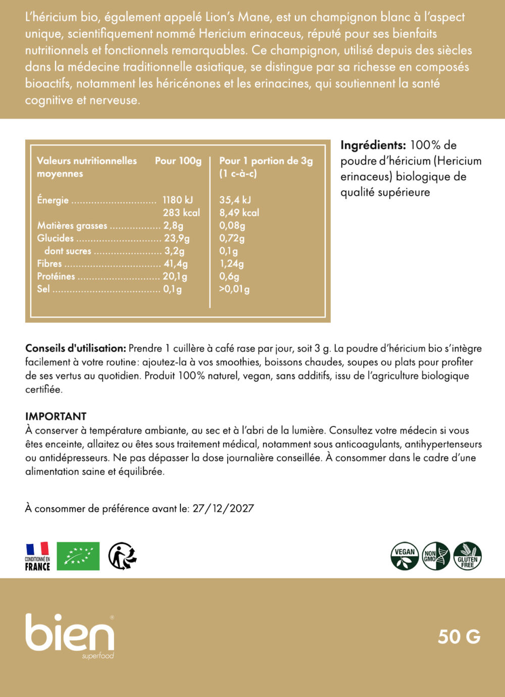 Poudre d'Héricium Bio (Lion's Mane) – Image 2